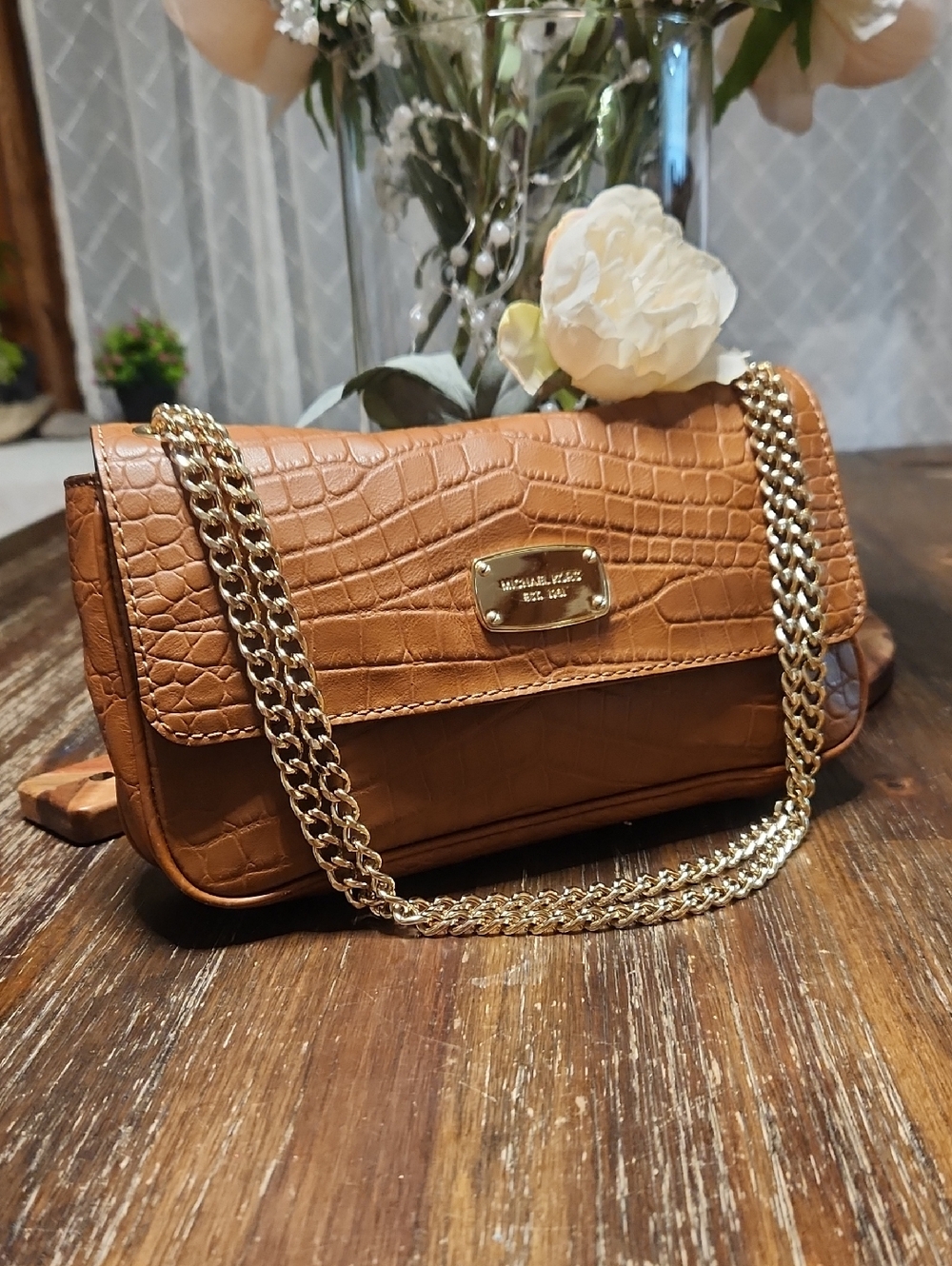 Michael Kors Tan Croc-Embossed Leather Crossbody with Gold Chain
